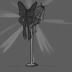 Size: 2500x2500 | Tagged: artist:nobody, bugs doing bug things, crepuscular rays, derpibooru import, grayscale, hug, lamp, monster pony, mothpony, moth pony general, oc, oc:squeak, original species, safe, solo