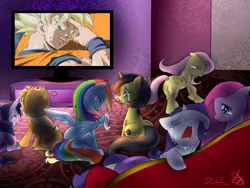 Size: 1280x960 | Tagged: applejack, crying, derpibooru import, dragon ball z, exploitable meme, fluttershy, handkerchief, mane six, meme, oc, oc:pauly sentry, pinkie pie, rainbow dash, rarity, sad movie meme, safe, son goku, television, tissue, twilight sparkle