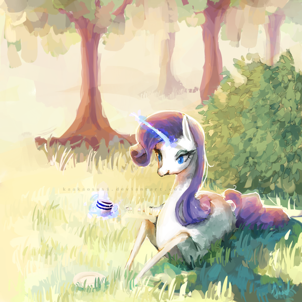 Size: 1000x1000 | Tagged: artist:kaakaosusi, bush, cup, derpibooru import, drink, forest, grass, magic, rarity, safe, solo, tea, teacup, telekinesis, tree