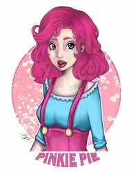 Size: 1484x1951 | Tagged: artist:ayaka-itoe, artist:misshapen-black, clothes, derpibooru import, human, humanized, light skin, lipstick, makeup, pinkie pie, safe, solo, suspenders, underbust