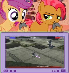 Size: 751x800 | Tagged: babs seed, derpibooru import, double zeta gundam, exploitable meme, gamer babs, gamer scoot, gundam, gundam mk-ii, gundam vs zeta gundam, meme, obligatory pony, playstation 2, safe, scootaloo, tv meme, video game, zeta gundam