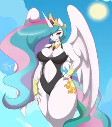 Size: 900x1023 | Tagged: anthro, artist:mastergodai, belly button, blushing, breasts, busty princess celestia, clothes, derpibooru import, female, fingerless gloves, gloves, grin, looking at you, navel cutout, necklace, one-piece swimsuit, praise the sun, princess celestia, smiling, solo, solo female, spread wings, suggestive, sun, swimsuit, thunder thighs, wide hips