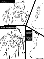 Size: 753x1001 | Tagged: safe, artist:lazy anon, derpibooru import, oc, oc:yuzu, unofficial characters only, bat pony, mothpony, original species, satyr, cloud, comic, monochrome