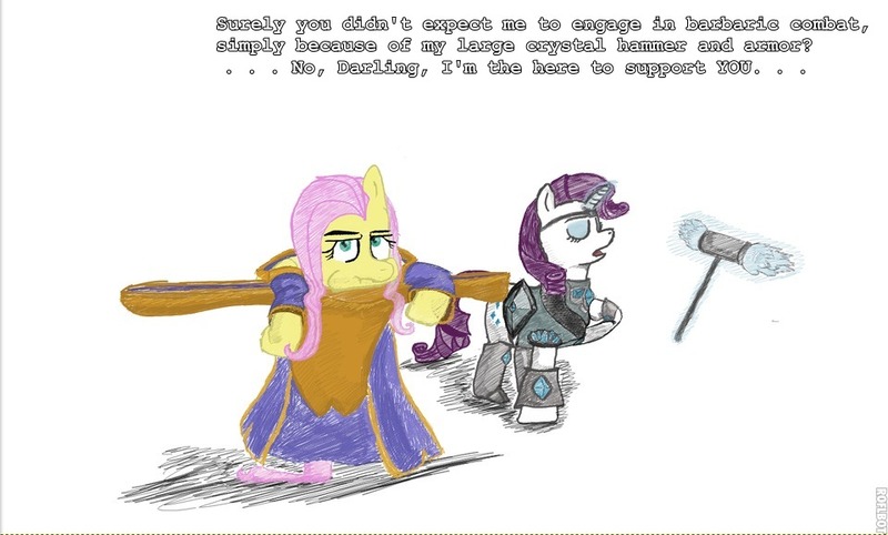 Size: 960x578 | Tagged: safe, artist:foxamberclaw, derpibooru import, fluttershy, rarity, pegasus, pony, unicorn, armor, armorarity, dialogue, eyes closed, female, frustrated, league of legends, levitation, magic, mare, raised hoof, simple background, sona, taric, telekinesis, unamused, war hammer, weapon, white background