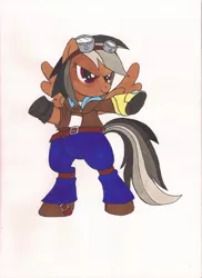 Size: 762x1048 | Tagged: safe, artist:xarazel, derpibooru import, daring do, pony, bipedal, clothes, ezreal, goggles, league of legends, pants, solo, traditional art
