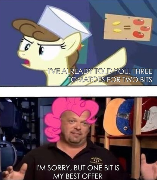 Size: 1200x1380 | Tagged: bits, caption, comic, derpibooru import, edit, edited screencap, human, irl, irl human, mane, pawn stars, photo, pinkie pie, putting your hoof down, rick harrison, roma, safe, screencap, text, tomato, tomatoes