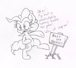 Size: 700x621 | Tagged: safe, artist:dfectivedvice, derpibooru import, pinkie pie, pony, bipedal, dialogue, grass, grayscale, monochrome, sign, sketch, solo, traditional art