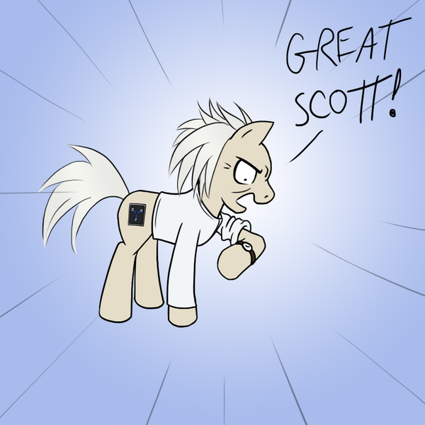 Size: 1000x1000 | Tagged: safe, artist:howlsinthedistance, derpibooru import, ponified, earth pony, pony, back to the future, clothes, doc brown, great scott, male, shirt, solo, stallion, watch, wristwatch