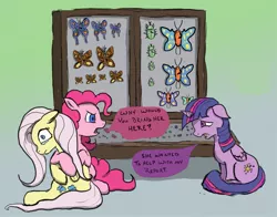 Size: 1021x800 | Tagged: safe, artist:jberg18, derpibooru import, fluttershy, pinkie pie, twilight sparkle, twilight sparkle (alicorn), alicorn, beetle, butterfly, earth pony, insect, pegasus, pony, collection, crying, dead, dialogue, female, impalement, mare, science, sitting, speech bubble, thousand yard stare, traumatized, wide eyes