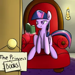 Size: 3000x3000 | Tagged: safe, artist:malwinters, derpibooru import, twilight sparkle, twilight sparkle (alicorn), alicorn, pony, blushing, book, chair, female, magic, mare, reading, sign, sitting, smiling, solo, telekinesis