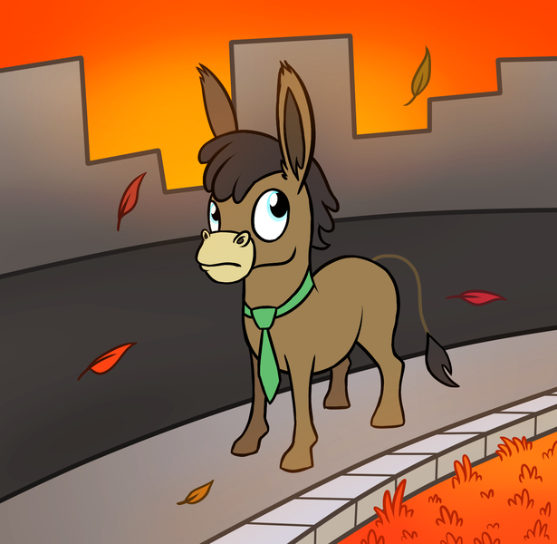 Size: 1516x1480 | Tagged: artist:wolframclaws, autumn, city, cityscape, cranky doodle donkey, derpibooru import, donkey, necktie, safe, solo, younger