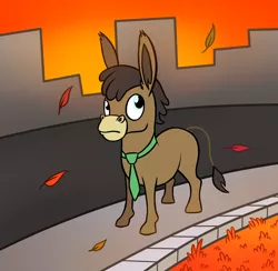 Size: 1516x1480 | Tagged: artist:wolframclaws, autumn, city, cityscape, cranky doodle donkey, derpibooru import, donkey, necktie, safe, solo, younger