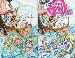 Size: 1300x1000 | Tagged: applejack, bicorne, boat, captain hoofbeard, comic, comparison, derpibooru import, fluttershy, hat, idw, logo, mane six, merpony, ocean, pinkie pie, pirate, rainbow dash, rarity, safe, seafoam, sea pony, sea swirl, ship, sword, twilight sparkle, water