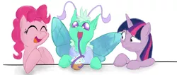 Size: 1574x668 | Tagged: artist needed, safe, derpibooru import, pinkie pie, twilight sparkle, oc, mothpony, original species, cupcake, drink, happy, moth pony general, smiling, table, tentacle tongue, tongue out