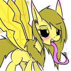 Size: 1000x1000 | Tagged: suggestive, artist:wuzzlefluff, derpibooru import, oc, oc:golden corral, unofficial characters only, mothpony, original species, blushing, female, moth pony general, open mouth, solo, solo female, tentacle tongue, tongue out