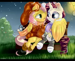 Size: 3805x3084 | Tagged: safe, artist:carligercarl, derpibooru import, fluttershy, rarity, bench, boots, bottomless, clothes, cup, drink, female, flarity, hat, hug, lesbian, necklace, partial nudity, sandals, scarf, shipping, shoes, sitting, snow, snowfall, socks, sweater, sweatershy, winghug