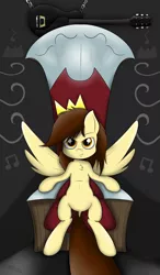 Size: 3500x6000 | Tagged: safe, artist:spenws, derpibooru import, oc, oc:prince whateverer, unofficial characters only, pegasus, pony, chest fluff, crown, fanart, guitar, king, looking at you, male, music notes, prince, royalty, sitting, smirk, solo, stallion, throne