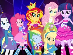 Size: 799x599 | Tagged: safe, artist:sunsetshimmerss, derpibooru import, applejack, fluttershy, pinkie pie, rainbow dash, rarity, sunset shimmer, twilight sparkle, equestria girls, big, dancing, humane seven, humane six, mane six, night, party