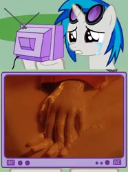 Size: 564x760 | Tagged: crying, daft punk, derpibooru import, exploitable meme, feels, hand, link, meme, obligatory pony, sad, safe, tv meme, vinyl scratch, wax, youtube link