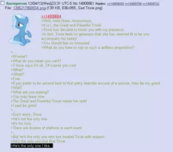 Size: 618x545 | Tagged: safe, derpibooru import, trixie, 4chan, anon in equestria, feels, greentext, /mlp/, rejection is magic, text