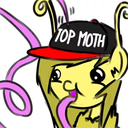 Size: 500x500 | Tagged: safe, artist:wuzzlefluff, derpibooru import, oc, oc:golden corral, unofficial characters only, mothpony, original species, baseball cap, hat, long tongue, moth pony general, proboscis, simple background, solo, tongue out, top gun, white background