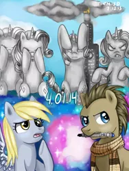 Size: 480x640 | Tagged: safe, artist:themisdolorous, derpibooru import, derpy hooves, doctor whooves, rarity, time turner, ponified, pegasus, pony, building, clothes, doctor who, female, manehattan, mare, mouth hold, parody, scarf, sonic screwdriver, the angels take manhattan, weeping angel, weeping angels