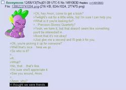 Size: 536x384 | Tagged: safe, derpibooru import, rarity, spike, 4chan, anon in equestria, betrayal, feels, greentext, /mlp/, rejection is magic, text
