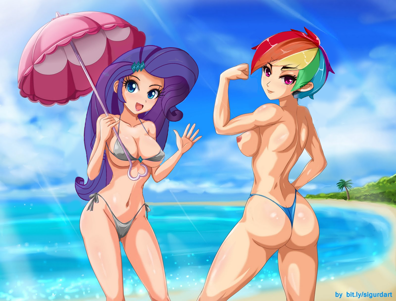 Size: 1600x1217 | Tagged: artist:rammbrony, artist:sigurd hosenfeld, ass, beach, belly button, bikini, breasts, busty rainbow dash, busty rarity, cameltoe, cleavage, clothes, derpibooru import, edit, erect nipples, female, flexing, human, humanized, light skin, looking at you, looking back, muscles, nipples, nudity, open mouth, questionable, rainbow dash, rainbutt dash, rarity, sideboob, smiling, swimsuit, thong, thong swimsuit, thunder thighs, topless, umbrella, waving