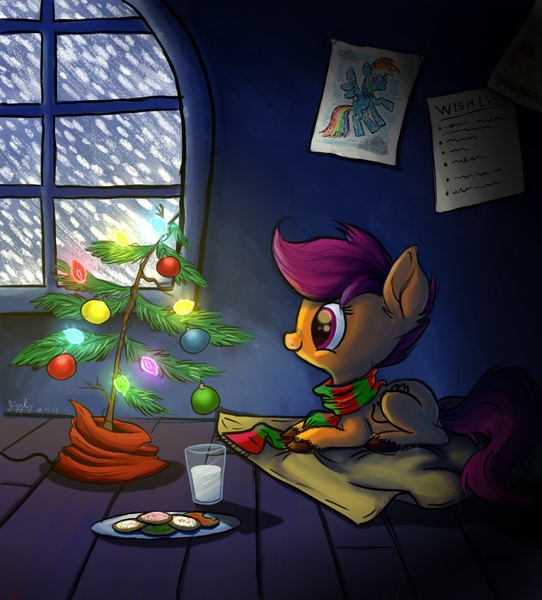 Size: 1400x1550 | Tagged: artist:jigglybelle, blanket, christmas, christmas lights, christmas tree, clothes, cookie, dark, derpibooru import, doodle, drawing, drink, feels, glass, glow, hooves, milk, ornament, ornaments, paper, plate, rainbow dash, safe, scarf, scootaloo, snow, snowfall, solo, tree, unshorn fetlocks, winter