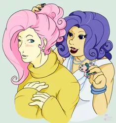 Size: 911x971 | Tagged: safe, artist:therottingroot, derpibooru import, fluttershy, rarity, human, clothes, humanized, light skin, sweater, sweatershy, transgender, turtleneck