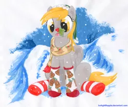 Size: 1194x1000 | Tagged: safe, artist:foxxy-arts, derpibooru import, derpy hooves, pegasus, pony, christmas, clothes, female, holiday, holly, holly mistaken for mistletoe, mare, scarf, snow, snowfall, socks, solo, striped socks, traditional art, winter