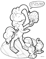 Size: 781x1000 | Tagged: safe, artist:abronyaccount, derpibooru import, madame le flour, pinkie pie, pound cake, pumpkin cake, pony, alas poor yorick, bipedal, hamlet, lineart, monochrome, parody, shakespeare, skull