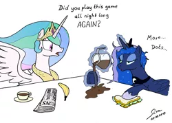 Size: 3160x2260 | Tagged: artist:abyssalemissary, banana, bed mane, caffeine, coffee, colored, derpibooru import, dialogue, gamer luna, messy mane, morning ponies, newspaper, onyxia, princess celestia, princess luna, safe, sandwich, table, tired, warcraft, world of warcraft