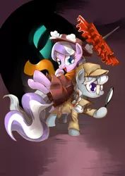 Size: 2480x3507 | Tagged: safe, artist:gashiboka, derpibooru import, diamond tiara, silver spoon, earth pony, pony, adorabullies, clothes, coat, cute, detective, diamondbetes, hat, magnifying glass, ponies riding ponies, scarf, umbrella