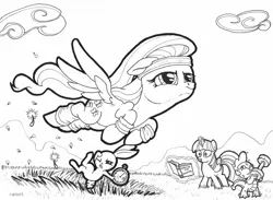 Size: 1364x1000 | Tagged: safe, artist:abronyaccount, derpibooru import, angel bunny, fluttershy, spike, twilight sparkle, twilight sparkle (alicorn), alicorn, pony, hurricane fluttershy, exercise, female, lineart, mare, monochrome