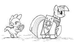 Size: 900x535 | Tagged: safe, artist:sovwi, derpibooru import, spike, twilight sparkle, dragon, pony, armor, black and white, coconut, duo, fantasy class, female, grayscale, knight, lineart, male, mare, monochrome, monty python, monty python and the holy grail, raised hoof, shield, simple background, warrior, white background