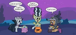 Size: 1300x605 | Tagged: animal costume, apple bloom, artist:scritchy, bride of frankenstein, butterfinger, clothes, costume, cutie mark crusaders, derpibooru import, dracula, i got a rock, it's the great pumpkin charlie brown!, nightmare night, peanuts, ponified, safe, scootaloo, scootawolf, snickers, sweetie belle, trick or treat, vampire, wolf costume