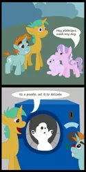 Size: 735x1470 | Tagged: animal abuse, artist:philith, beavis and butthead, comic, derpibooru import, diamond tiara, dog, inappropriate joke, poodle, safe, snails, snips, washing machine