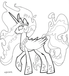 Size: 917x1000 | Tagged: artist:abronyaccount, derpibooru import, fire, lineart, monochrome, nightmare star, prime celestia, princess celestia, safe, solo