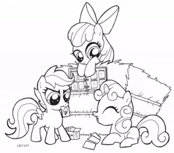 Size: 1062x929 | Tagged: apple bloom, artist:abronyaccount, card, cutie mark crusaders, derpibooru import, monochrome, safe, scootaloo, sweetie belle, trading card