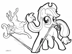 Size: 1329x1000 | Tagged: safe, artist:abronyaccount, derpibooru import, applejack, bull, lasso, lineart, monochrome