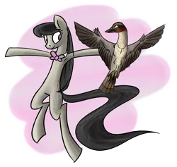 Size: 2115x2005 | Tagged: safe, artist:wolframclaws, derpibooru import, octavia melody, bird, duck, earth pony, pony, animal, ducktavia, duo, female, mare, simple background, spread wings, transparent background, wings