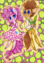 Size: 753x1062 | Tagged: anthro, artist:jellybeanmouse, clothes, dead source, derpibooru import, doctor whooves, dress, oc, pants, pinkie pie, safe, shirt, time turner, traditional art