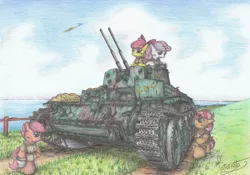 Size: 2332x1636 | Tagged: safe, artist:patoriotto, derpibooru import, apple bloom, babs seed, rainbow dash, scootaloo, sweetie belle, pony, bipedal, crusader iii aa tank, cutie mark crusaders, pixiv, tank (vehicle)