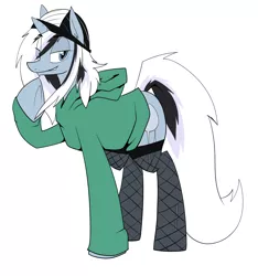 Size: 1500x1600 | Tagged: safe, artist:cymek, derpibooru import, oc, oc:taylorpone, unofficial characters only, pony, unicorn, beanie, bedroom eyes, clothes, fishnets, hat, hoodie, smirk, solo