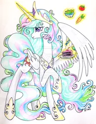 Size: 900x1157 | Tagged: safe, artist:oriwhitedeer, derpibooru import, princess celestia, cake, carrot, magic, plate, salad, telekinesis, tomato, traditional art