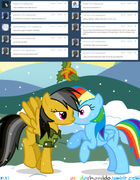 Size: 1280x1646 | Tagged: artist:drumblastingquilava, ask, askdashanddo, daringdash, daring do, dead source, derpibooru import, female, holly, holly mistaken for mistletoe, kissing, lesbian, rainbow dash, safe, shipping, tumblr