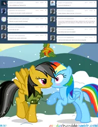 Size: 1280x1646 | Tagged: artist:drumblastingquilava, ask, askdashanddo, daringdash, daring do, dead source, derpibooru import, female, holly, holly mistaken for mistletoe, kissing, lesbian, rainbow dash, safe, shipping, tumblr