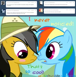 Size: 1280x1297 | Tagged: artist:drumblastingquilava, ask, askdashanddo, daring do, derpibooru import, rainbow dash, safe, tumblr