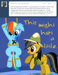 Size: 1280x1657 | Tagged: artist:drumblastingquilava, ask, askdashanddo, bondage, daring do, derpibooru import, rainbow dash, rope, safe, tied up, tumblr, unsexy bondage